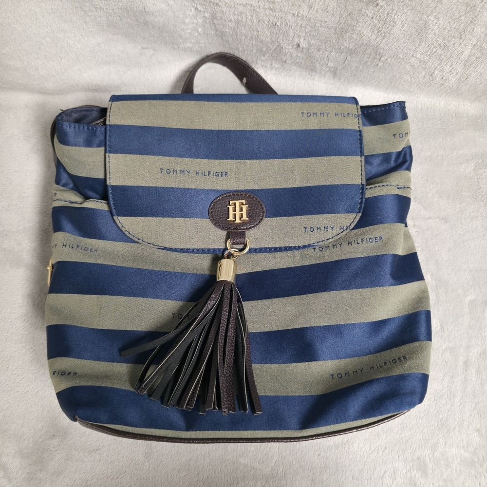 Tommy Hilfiger Blue & Brown Striped Tassel Logo Preppy Backpack Purse 12" X 11"